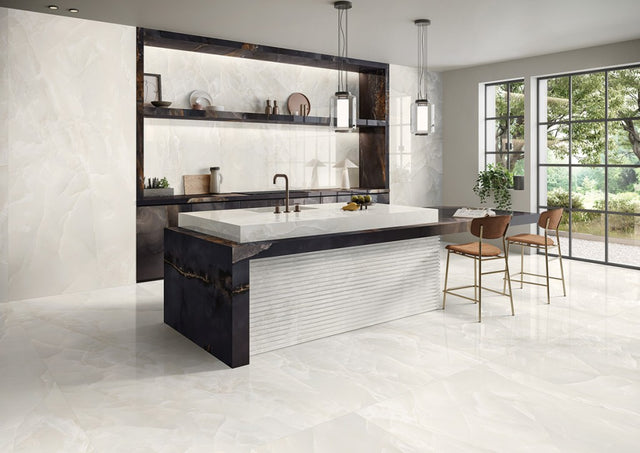 Cape May Ivory Onyx Effect Polished Porcelain Wall & Floor Tile 600x1200mm