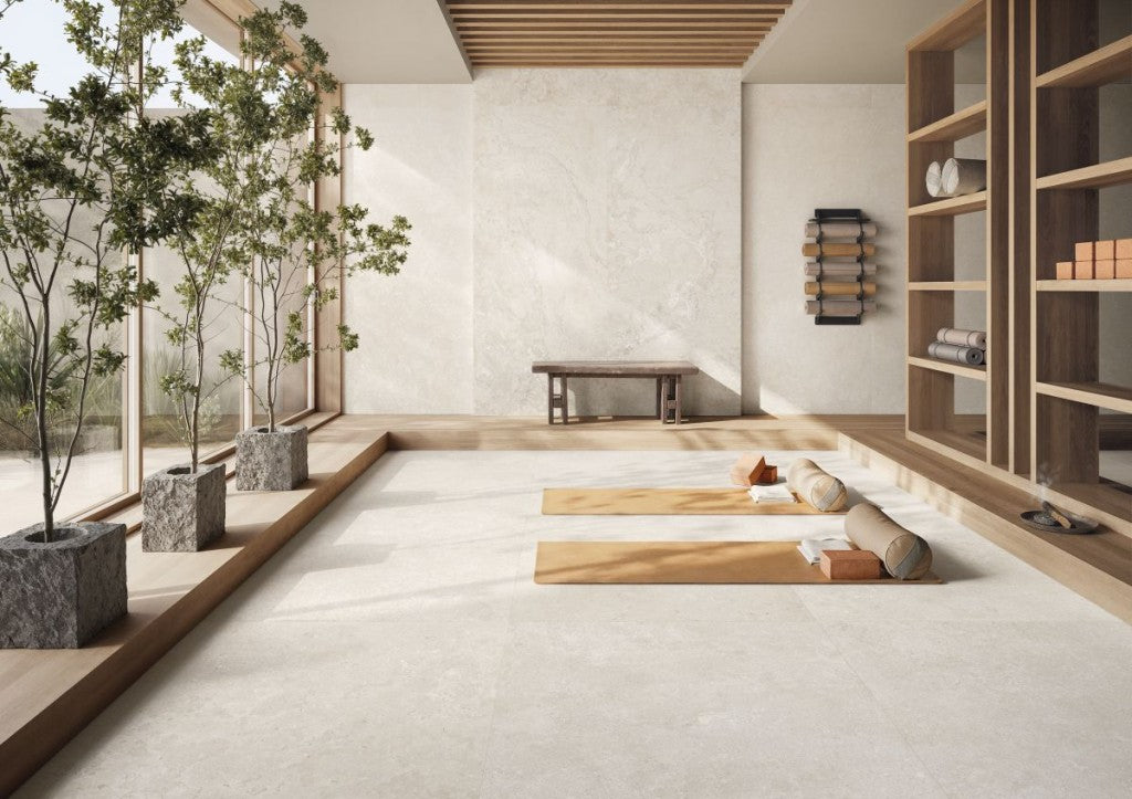 Carmel White Minimal Stone Effect Matt Porcelain Wall & Floor Tile 1000x1000mm, view 2
