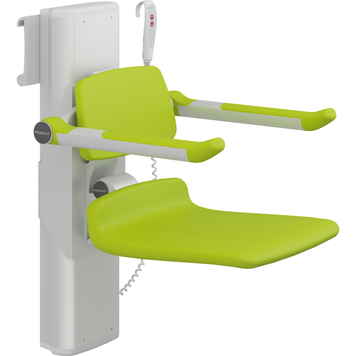 Pressalit PLUS shower seat – 450 mm Electric – Back & Armrests, Standard Seat, Lime Green