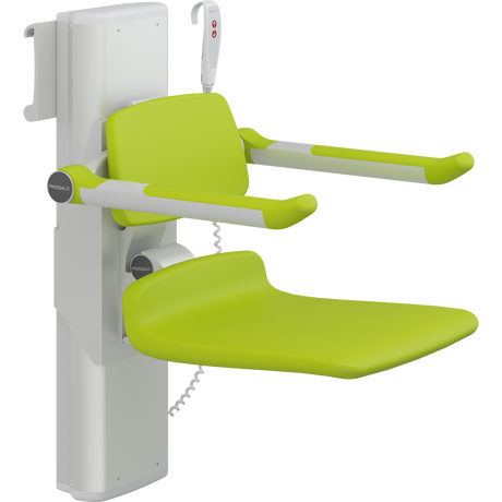 Pressalit PLUS shower seat – 450 mm Electric – Back & Armrests, Standard Seat, Lime Green