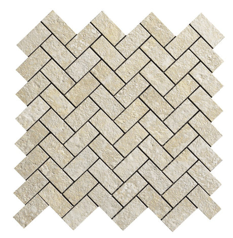 Charleston beige travertine-effect matt porcelain herringbone mosaic sheet 305x305mm for walls and floors