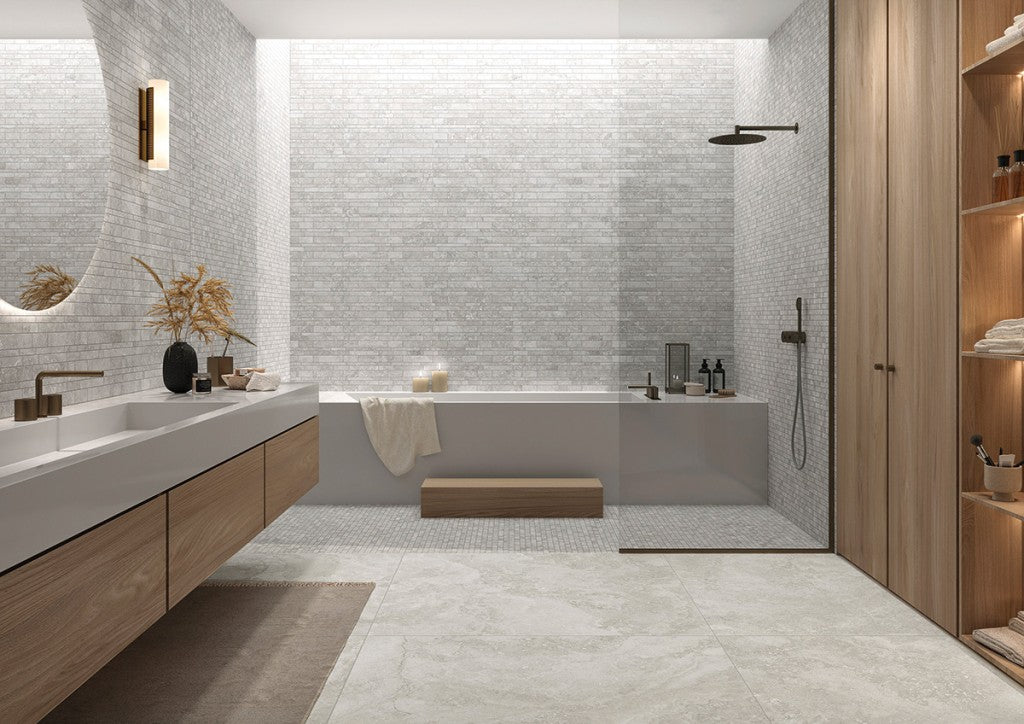 Charleston grey travertine-effect matt porcelain brick mosaic sheet 300x300mm for walls and floors