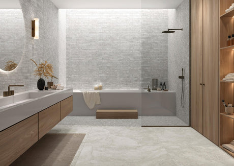 Charleston grey travertine-effect brick mosaic sheet, close view