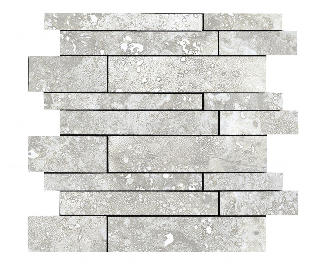 Charleston grey travertine-effect brick mosaic, sheet layout
