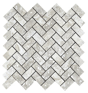 Charleston grey travertine-effect matt porcelain herringbone mosaic sheet 305x305mm for walls and floors