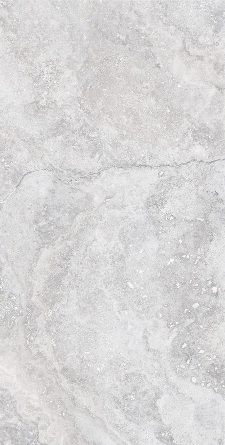 Charleston grey travertine-effect matt porcelain 600x1200mm tile on a wall