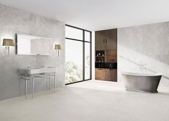 Charleston white travertine-effect matt porcelain wall and floor tile 1200x1200mm, main view