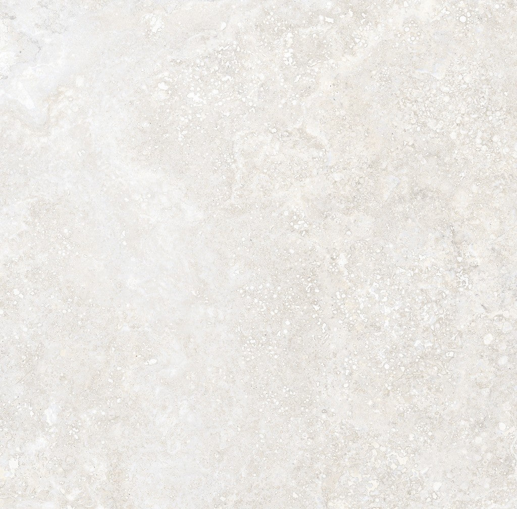 Charleston white travertine-effect matt porcelain 600x600mm tile, close-up