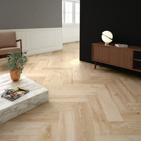 Del Mar light beech wood-effect matt porcelain wall and floor plank tile 202x802mm