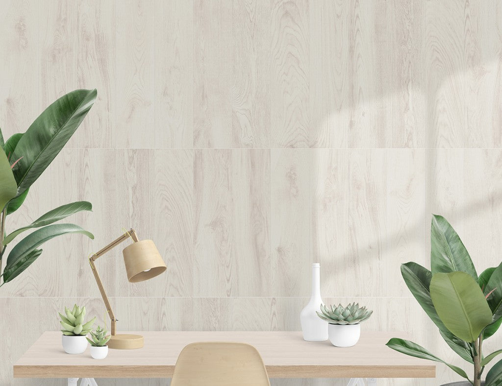 Del Mar white oak wood-effect matt porcelain wall and floor plank tile 202x802mm