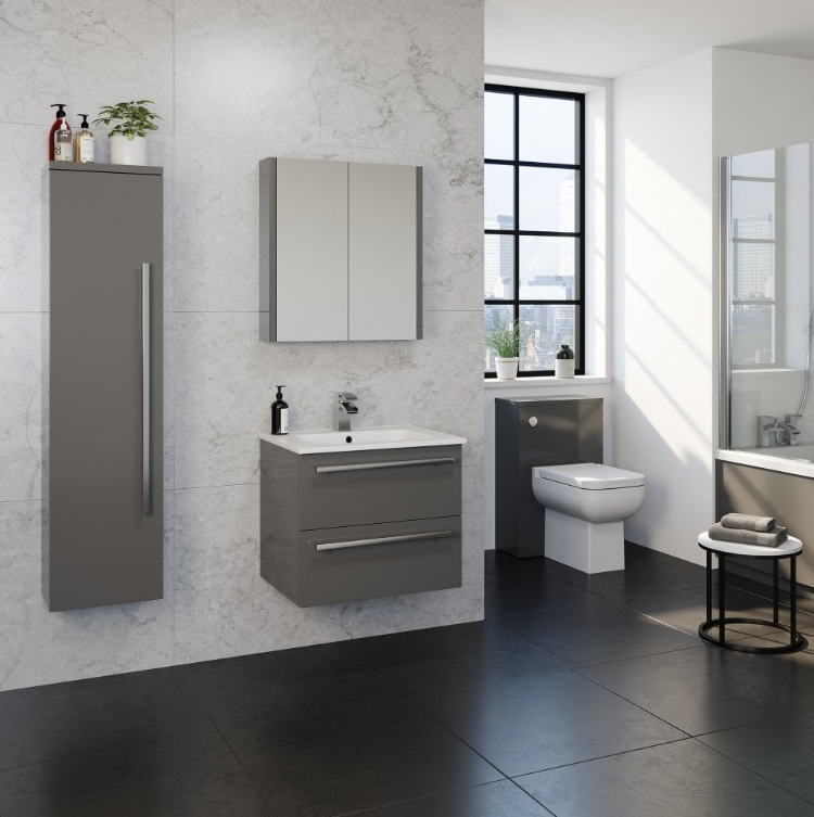 Kartell K-VIT Purity 800mm Wall Mounted 2 Drawer Unit With Mid Depth Ceramic Basin - Storm Grey Gloss (FUR056PU-FUR062PU)