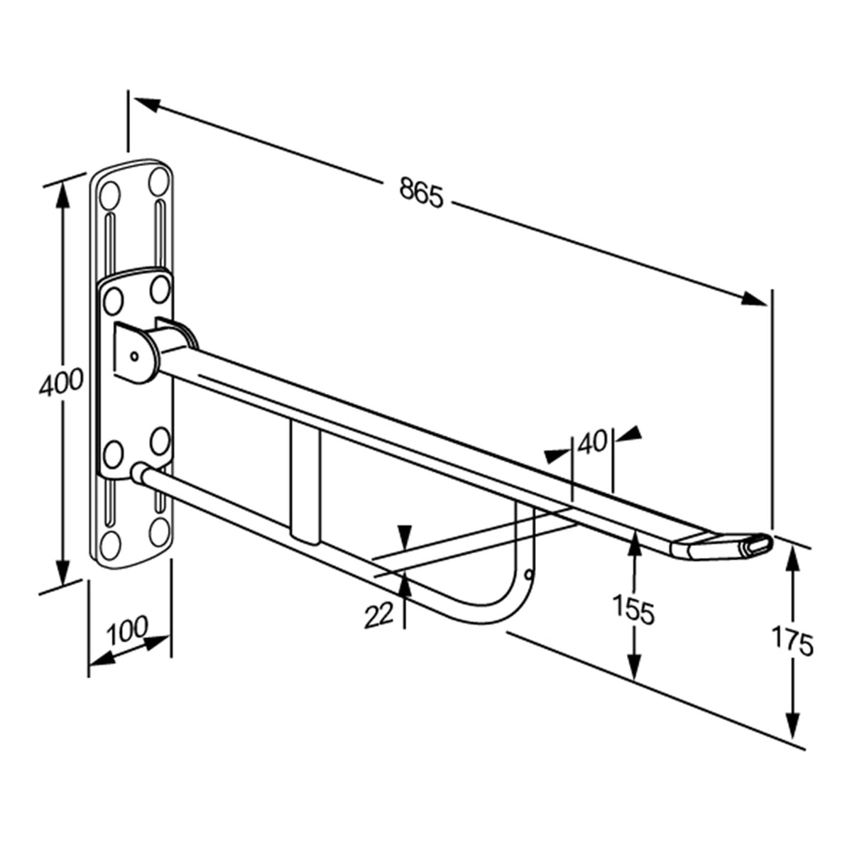 Pressalit VALUE II Support Arm – height adjustable dimensioned drawing