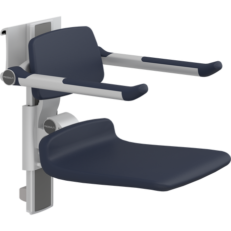 Pressalit PLUS shower seat – 450 mm Manual – Back & Armrests, Standard Seat, Dark Blue