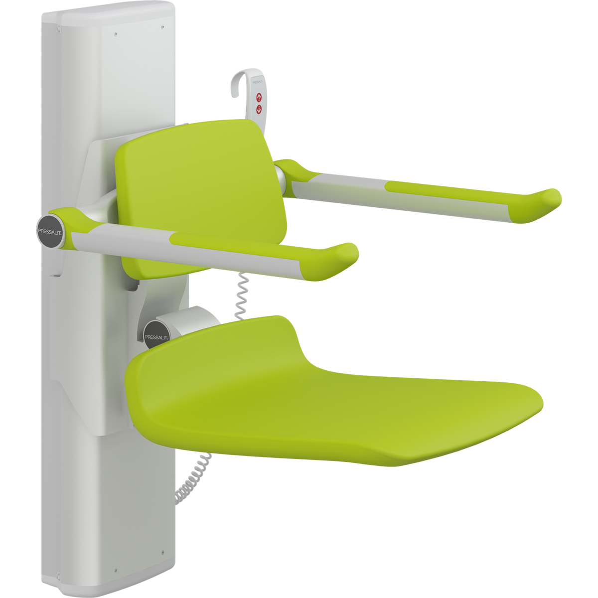 Pressalit PLUS shower seat – 450 mm Electric – Back & Armrests, Standard Seat, Lime Green