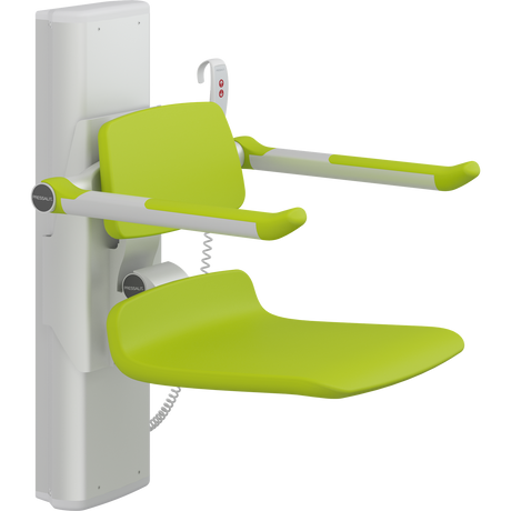 Pressalit PLUS shower seat – 450 mm Electric – Back & Armrests, Standard Seat, Lime Green