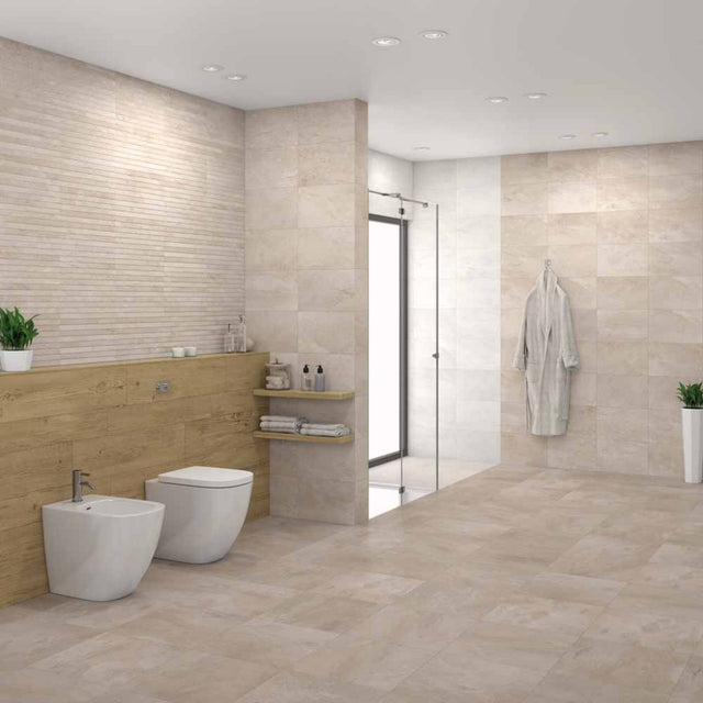 Edgartown bone stone effect matt ceramic wall tile 270x420mm in a bathroom setting