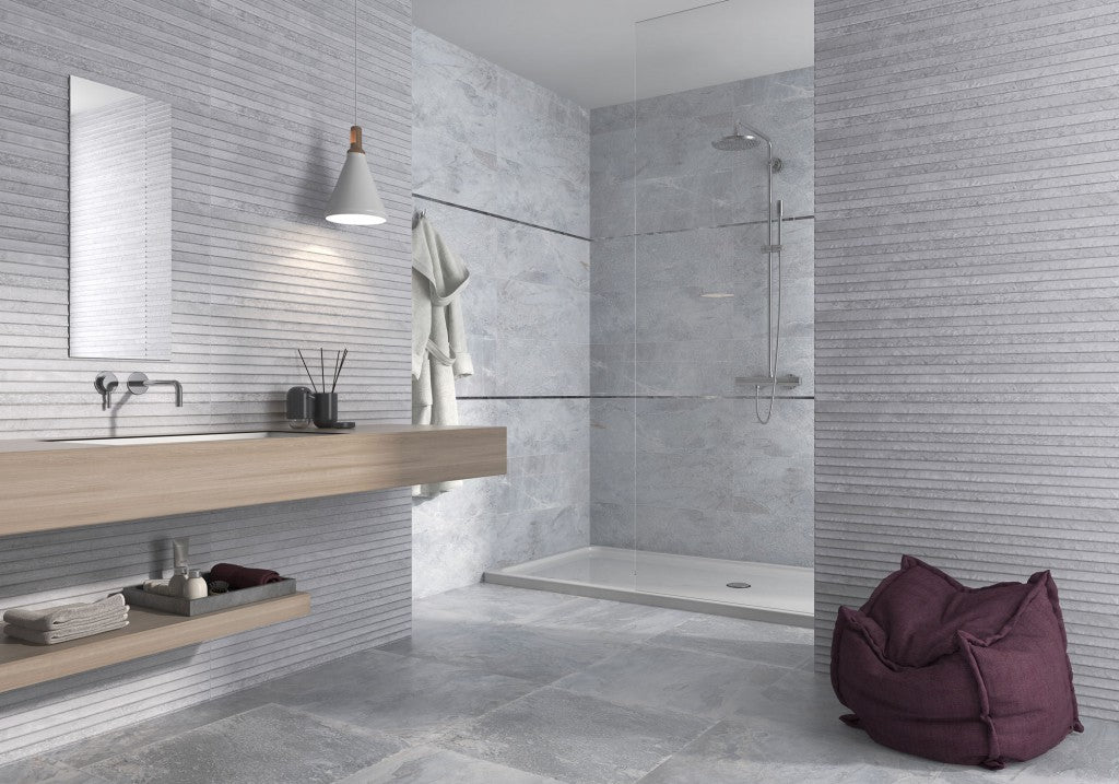 Edgartown grey overlap decor ceramic wall tile 300x900mm in a bathroom