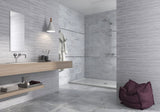 Edgartown grey overlap decor ceramic wall tile 300x900mm in a bathroom