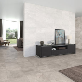 Edgartown grey stone effect matt ceramic wall and floor tile 450x450mm in a room setting