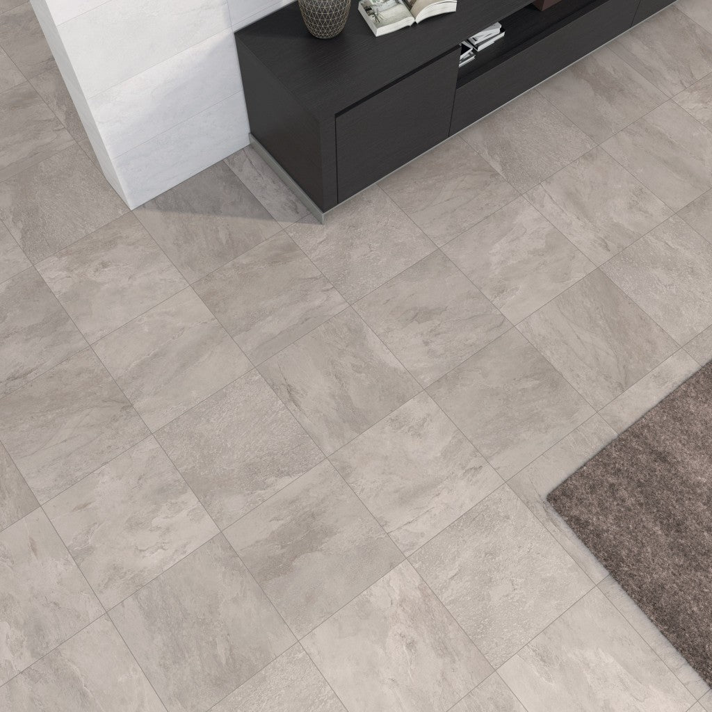 Edgartown grey 450x450mm ceramic floor tile laid in a bathroom