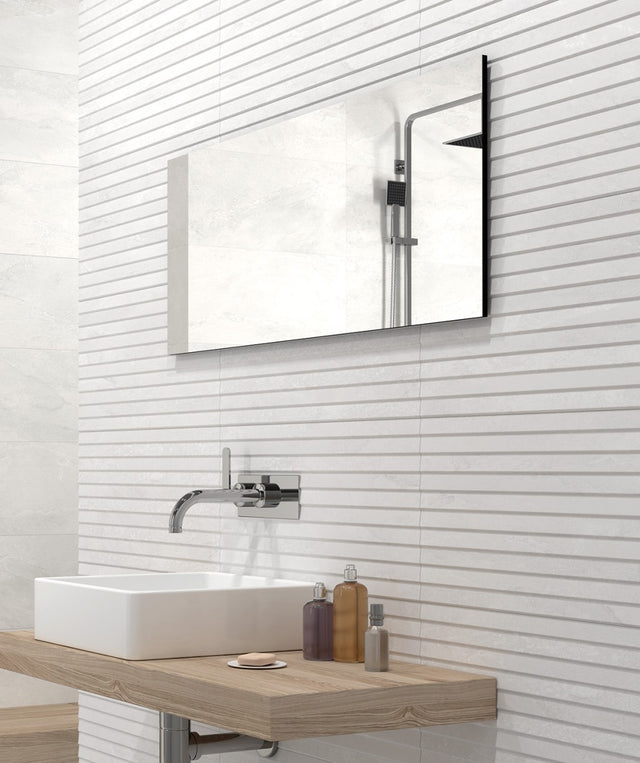 Edgartown white stone effect overlap decor matt ceramic wall tile 300x600mm