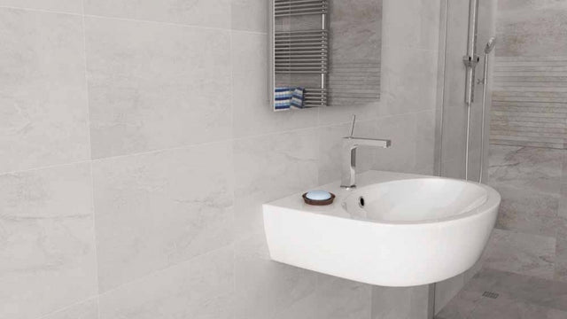 Edgartown white stone effect matt ceramic wall tile 270x420mm in a bathroom setting