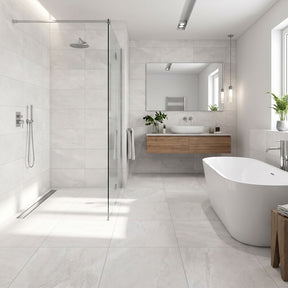 Edgartown white stone effect matt ceramic wall tile 300x600mm in a bathroom setting