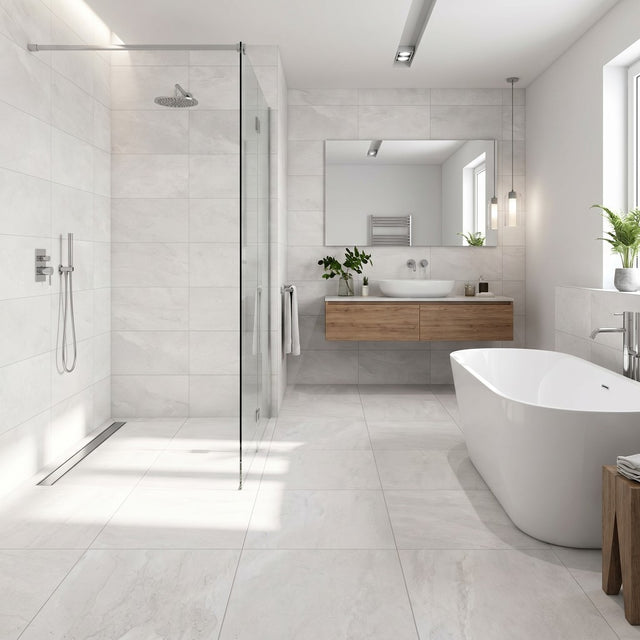 Edgartown white stone effect matt porcelain wall and floor tile 600x600mm laid in a room setting