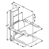 Pressalit PLUS electric shower seat 450, wall mounted – dimension drawing (mm)
