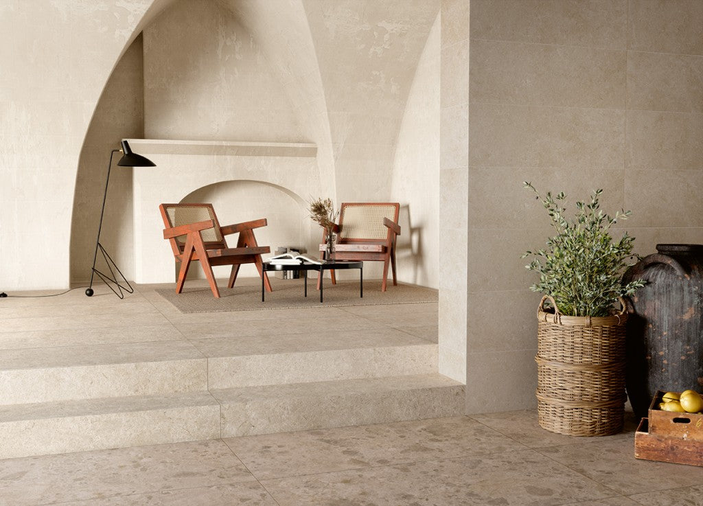 Fairhope Beige Mix stone effect matt porcelain wall and floor tile 600x1200mm