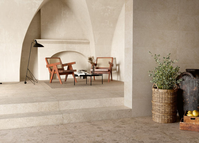 Fairhope Beige Mix stone effect matt porcelain wall and floor tile 600x1200mm