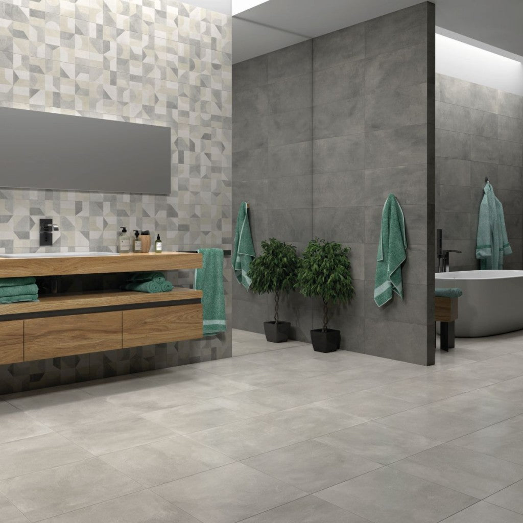 Falmouth Grey matt ceramic wall tile 270x420mm room setting