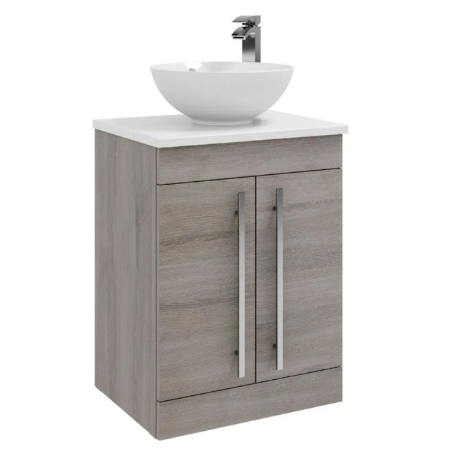 Kartell K-VIT Purity 600mm Floor Standing 2 Door Unit With Ceramic Worktop & Sit On Bowl- Silver Oak (PSO600DO- FUR433PU- FUR435PU)