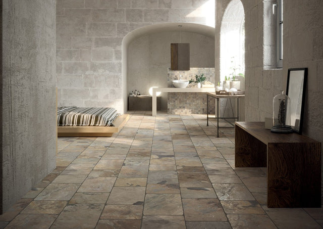 Florence autumn grey flagstone-effect matt porcelain wall and floor tile 500x500mm