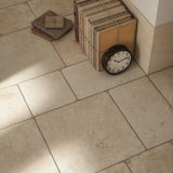 Florence ivory flagstone-effect matt porcelain wall and floor tile 300x300mm, room setting