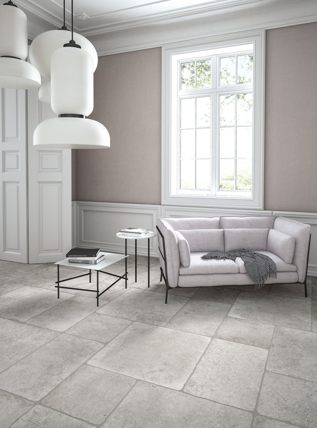 Florence pale grey flagstone-effect matt porcelain wall and floor tile 300x500mm