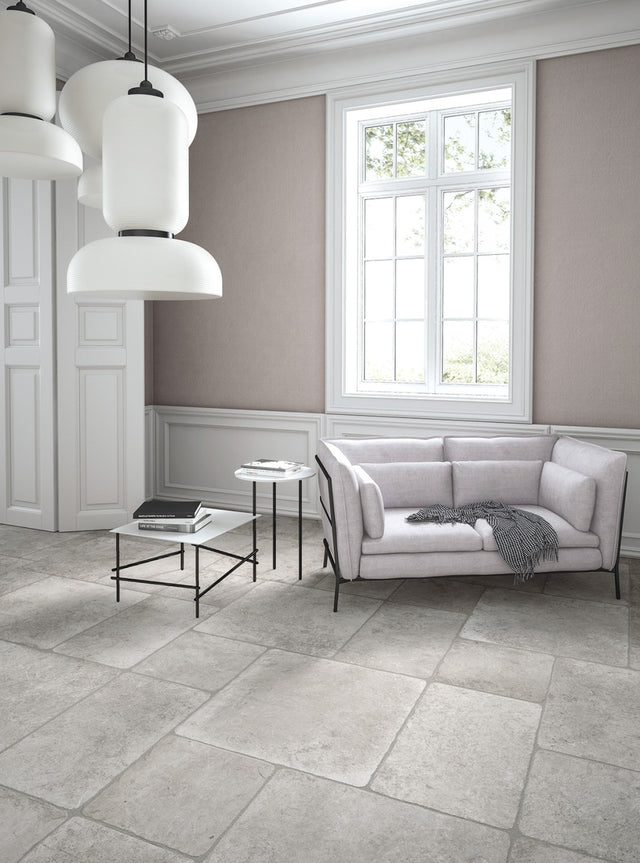 Florence pale grey flagstone-effect matt porcelain wall and floor tile 500x500mm