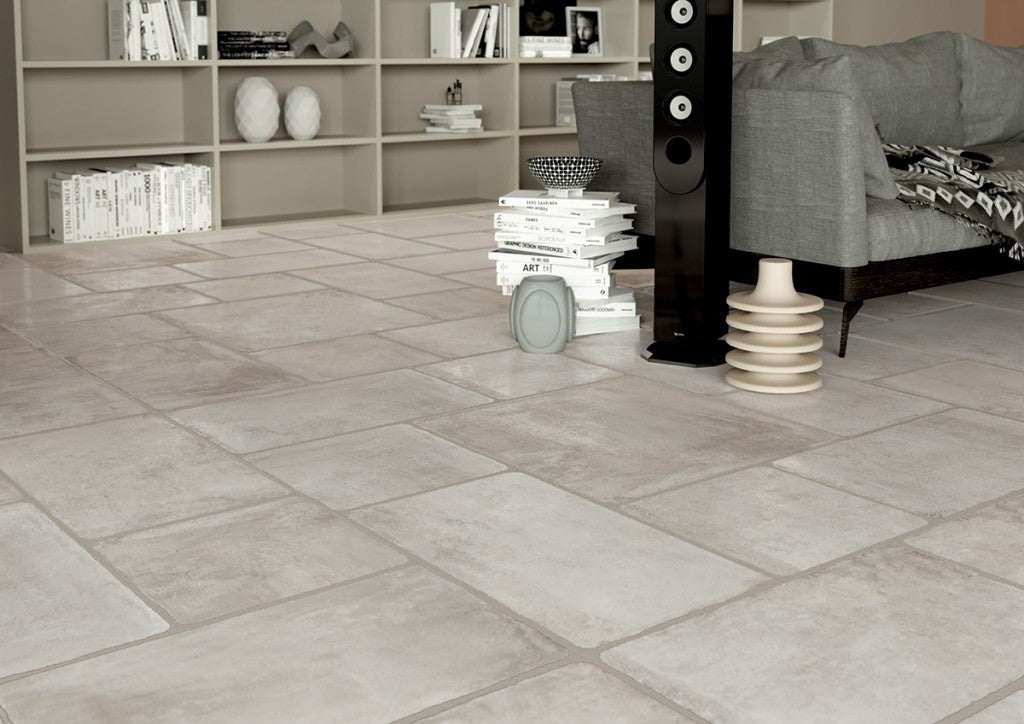 Florence white flagstone-effect matt porcelain wall and floor tile 300x300mm, room setting