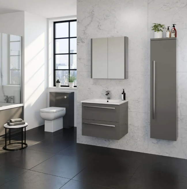 Kartell K-VIT Purity 600mm Wall Mounted 2 Drawer Unit With Ceramic Basin - Storm Grey Gloss (FUR026PU-FUR057PU)