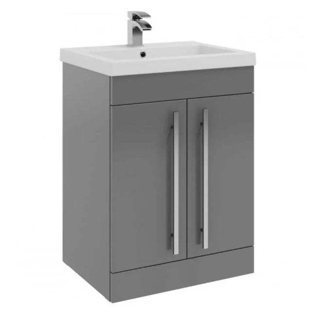 Kartell K-VIT Purity 600mm Floor Standing 2 Door Unit With Mid Depth Ceramic Basin - Storm Grey Gloss (FUR003PU-FUR061PU)