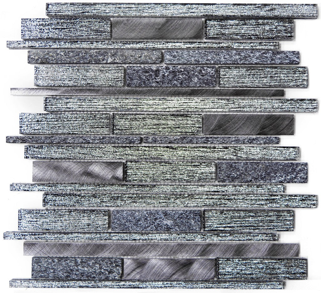 Hatteras Black glass stick mosaic 298x310mm sheet, satin and semi-polished mix