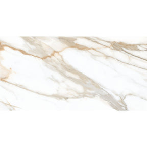 Hatteras Gold marble effect polished porcelain wall and floor tile 600x1200mm plank with gold and grey veining