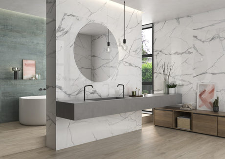 Hatteras White marble effect polished porcelain wall and floor tile 600x1200mm