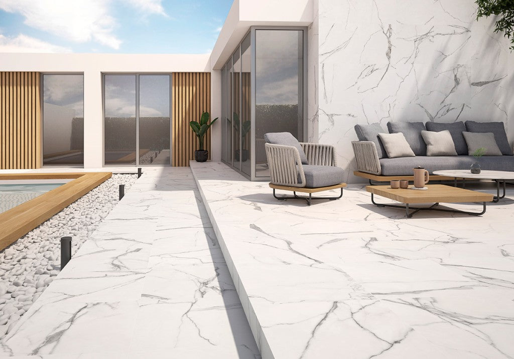 Hatteras White marble effect textured porcelain outdoor paving slab 610x610x20mm