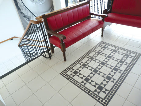 Jekyll black and white Victorian pattern porcelain floor 285x285mm laid in a hallway