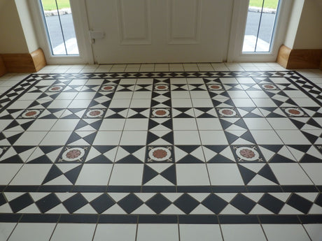 Jekyll black and white Victorian pattern porcelain floor tile 285x285mm close-up
