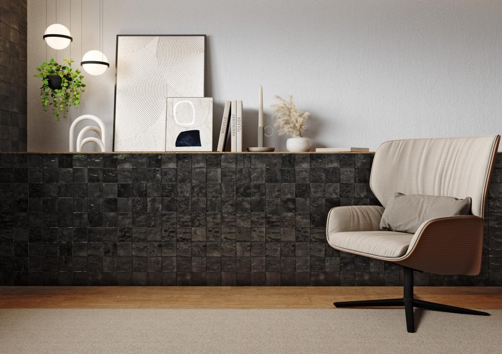 La Jolla black gloss square mosaic effect porcelain tile 300x600mm detail