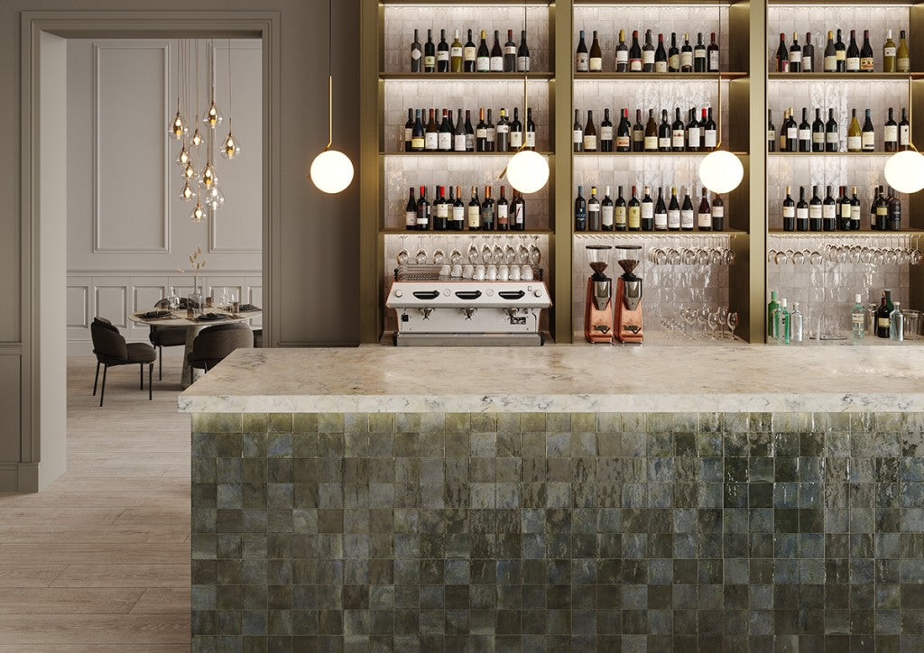 La Jolla blend square mosaic effect gloss porcelain wall and floor tile 300x600mm in a room setting
