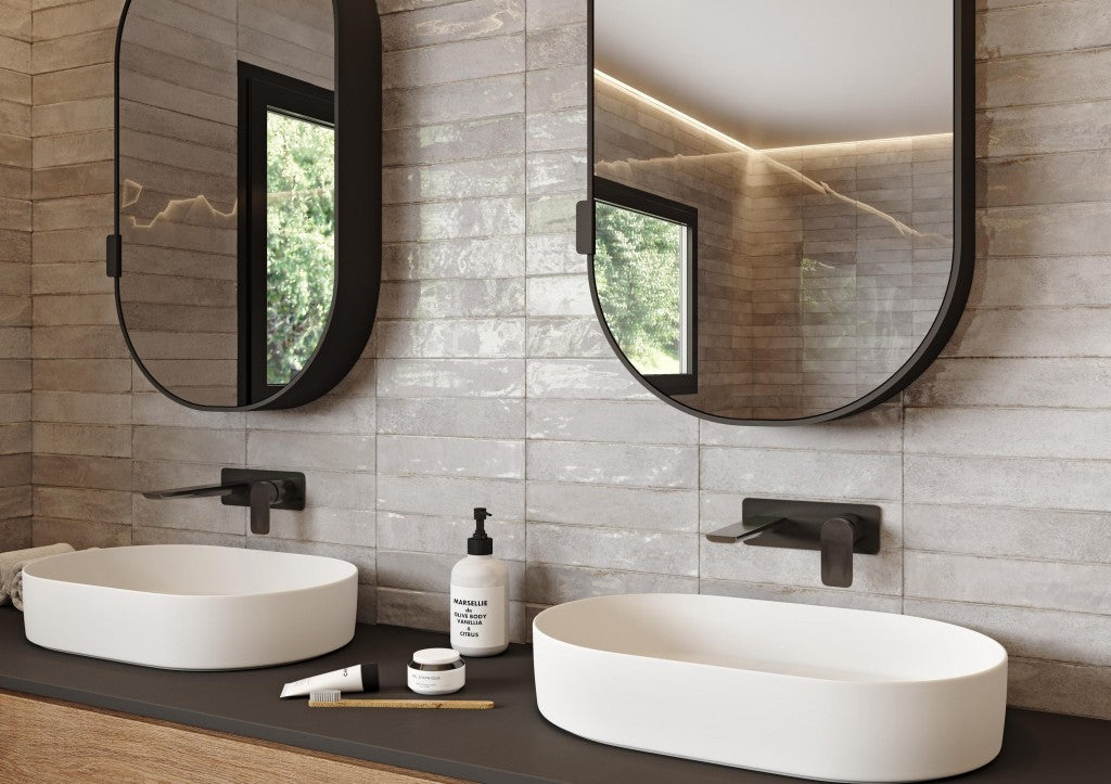 La Jolla fog grey gloss brick effect tile 300x600mm detail
