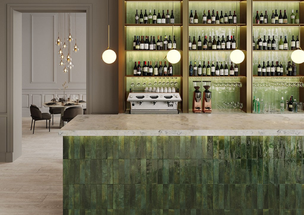 La Jolla mint green brick effect gloss porcelain wall and floor tile 300x600mm in a room setting